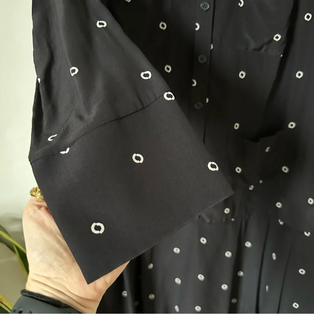 J Crew Silk Button Front Shirt Dress Black Print Long Sleeve Size XS